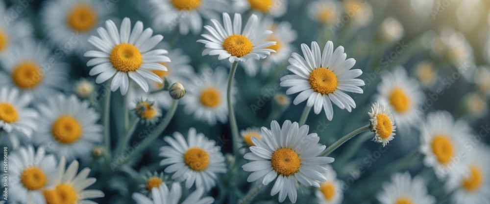 Daisies in full bloom with yellow centers and white petals in a vibrant garden setting with natural light Copy Space Daisies in full bloom with yellow centers and white petals in a vibrant garden setting with natural light Copy Space