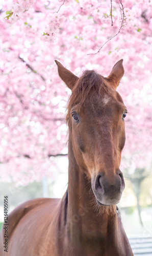 Brown horse in a cherry blossom park Stockholm. High quality photo