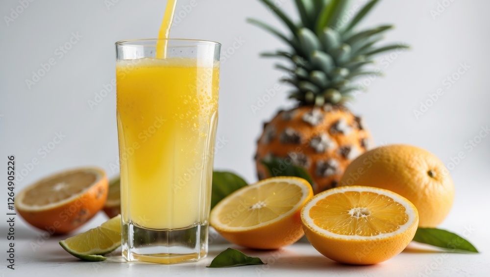 Fototapeta premium Fresh tropical fruit juice in glass with lemon and pineapple on white background, vibrant colors, healthy drink concept, Copy Space