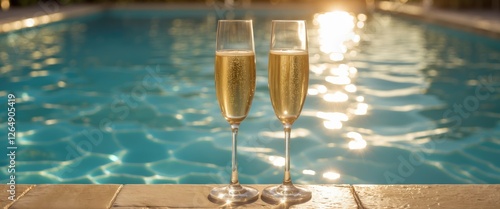 Two champagne glasses with sparkling wine beside a swimming pool in sunlight with reflections on water surface Copy Space photo