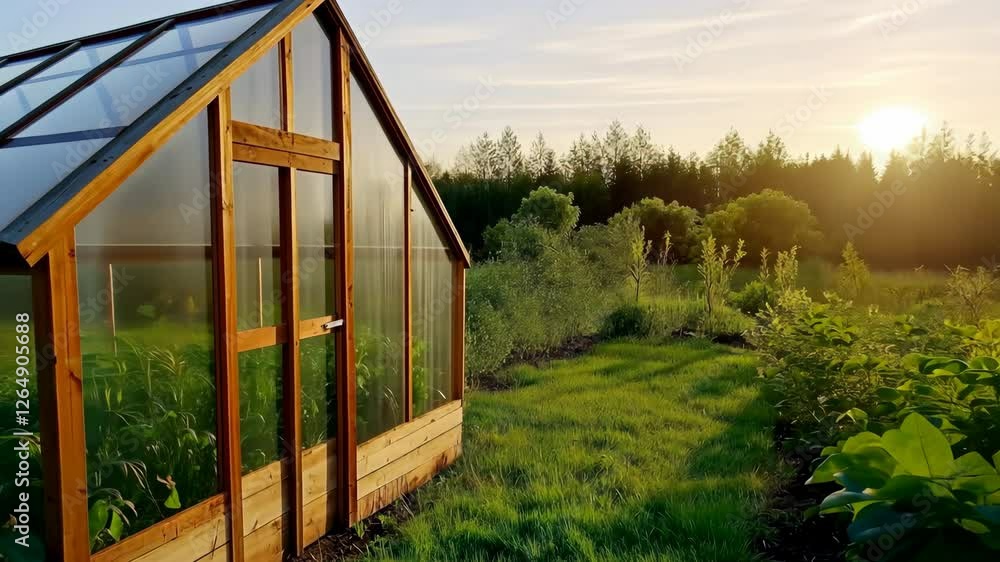 A greenhouse with a wooden door and a glass roof A greenhouse with a wooden door and a glass roof