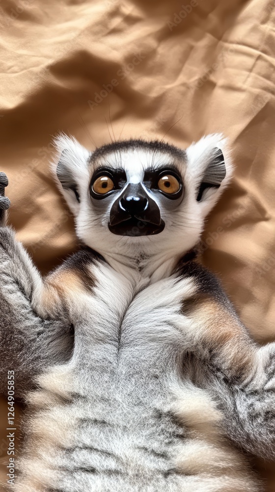 Obraz premium Close-up of a Curious Lemur on a Beige Surface