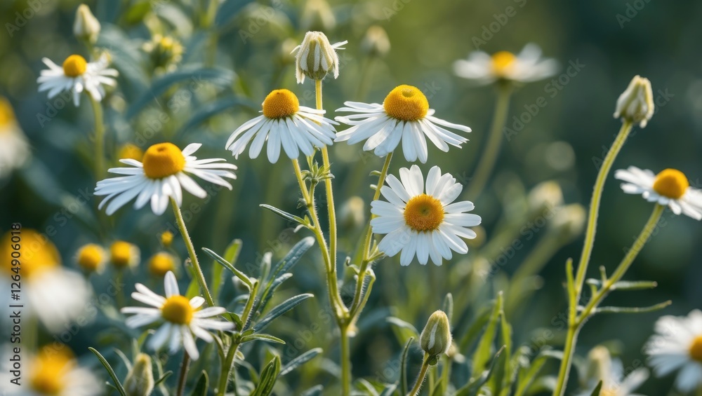 Close-up of daisies with white petals and yellow centers in natural green background with soft focus and light bokeh Copy Space Close-up of daisies with white petals and yellow centers in natural green background with soft focus and light bokeh Copy Space