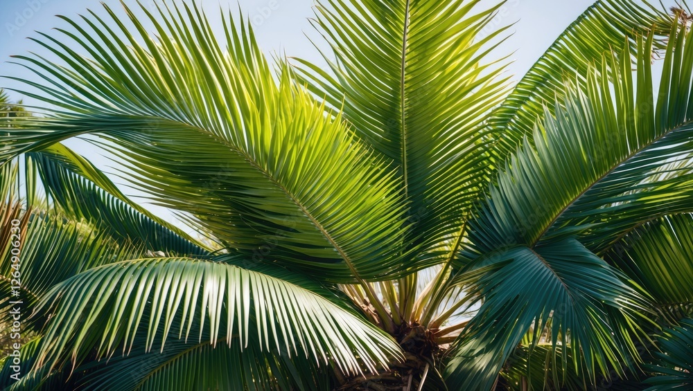 Green palm tree leaves close-up with sunlight filtering through foliage showcasing detailed texture and vibrant colors Copy Space Green palm tree leaves close-up with sunlight filtering through foliage showcasing detailed texture and vibrant colors Copy Space