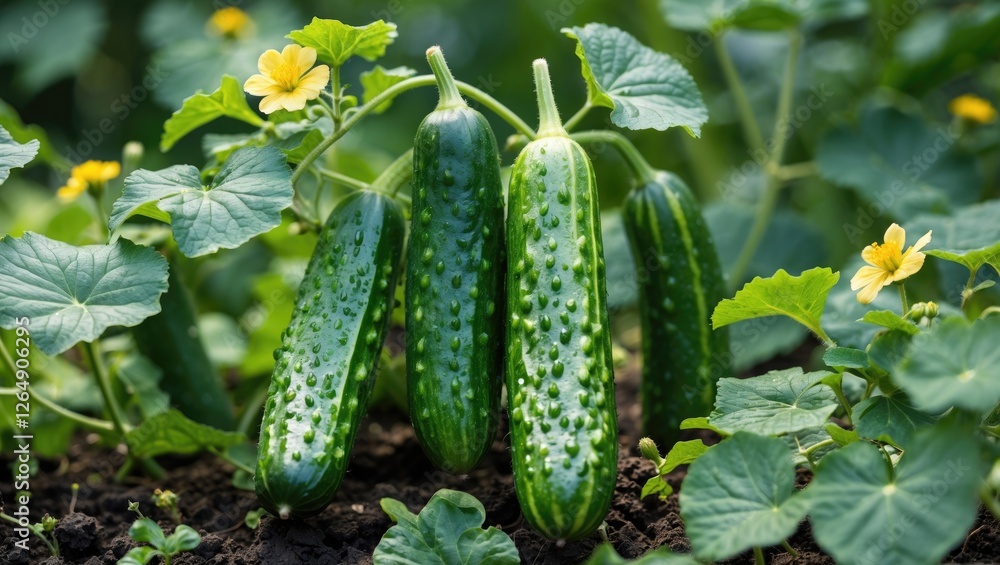 Fresh cucumbers growing on vine with yellow flowers in garden setting, healthy green leaves surrounding vegetables, Copy Space Fresh cucumbers growing on vine with yellow flowers in garden setting, healthy green leaves surrounding vegetables, Copy Space