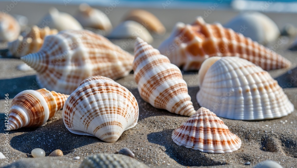 Close-up of assorted seashells on sandy beach with ocean background and natural light, showcasing unique patterns and textures, Copy Space Close-up of assorted seashells on sandy beach with ocean background and natural light, showcasing unique patterns and textures, Copy Space