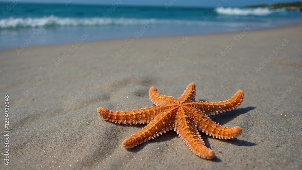 Orange starfish on sandy beach with ocean waves in background and clear blue sky Copy Space Orange starfish on sandy beach with ocean waves in background and clear blue sky Copy Space