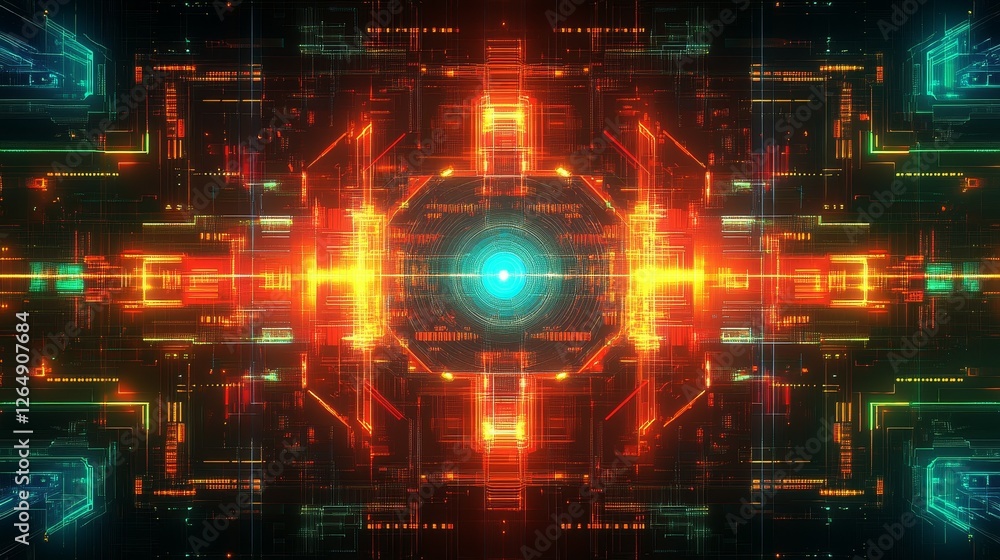 Obraz premium American game-style abstract background with neon effect, featuring symmetrical mosaic lattice design, light lines, and minimalist composition, creating a stylish, modern, and atmospheric visual.