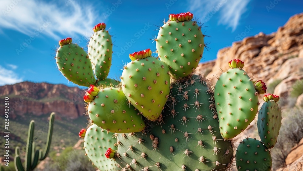 Cactus plant with vibrant green pads and red flower buds against a blue sky and rocky landscape with copy space for text Cactus plant with vibrant green pads and red flower buds against a blue sky and rocky landscape with copy space for text