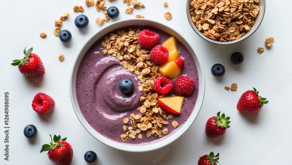 Smoothie bowl topped with granola, raspberries, blueberries, and peach slices on a white background with copy space Smoothie bowl topped with granola, raspberries, blueberries, and peach slices on a white background with copy space
