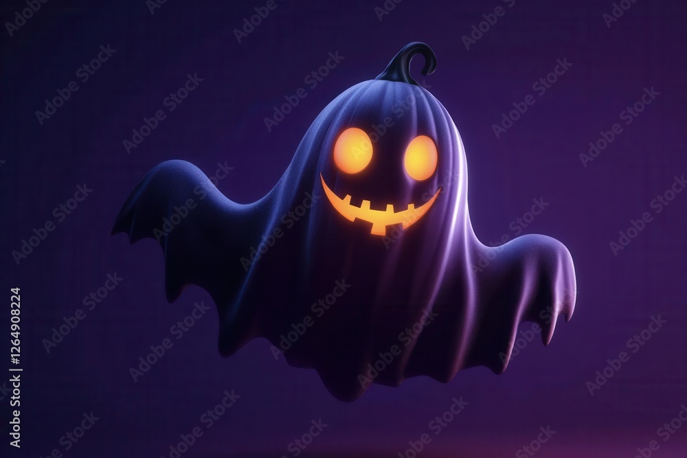 Naklejka premium whimsical 3d pumpkin ghost character with glowing eyes, floating mysteriously against deep purple gradient