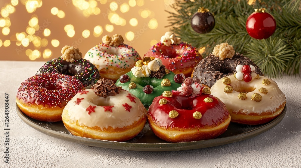 Colorful Holiday Donuts on Plate with Festive Bokeh Background Colorful Holiday Donuts on Plate with Festive Bokeh Background