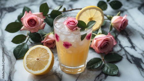 Refreshing floral cocktail with ice, lemon slices, and pink roses on marble background with copy space. photo