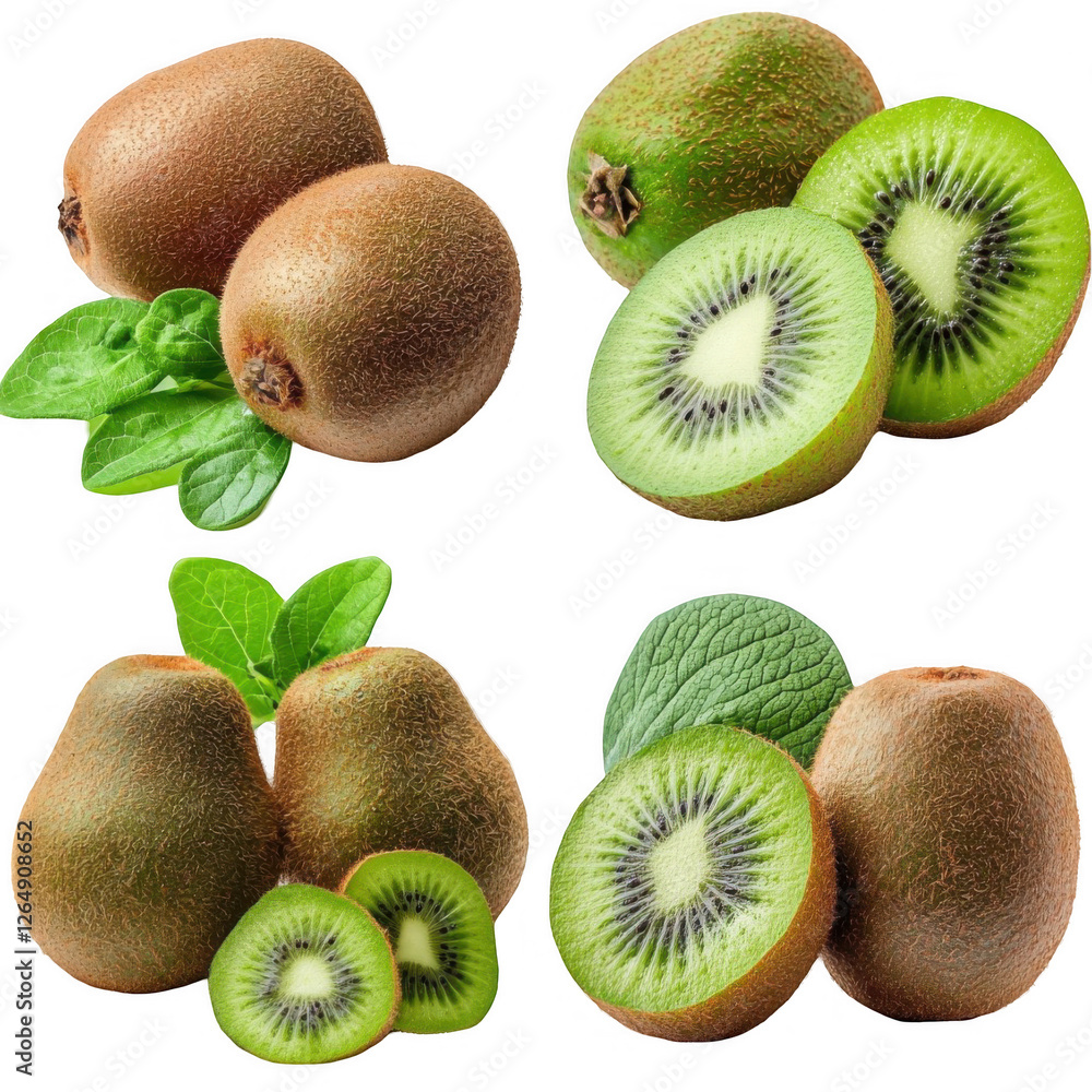 Fototapeta premium Fresh green kiwi fruit with whole and sliced halves. Isolated on white with glossy skin and bright seeds. Signals healthful energy and natural growth. Ideal for nutrition ads, packaging, menus