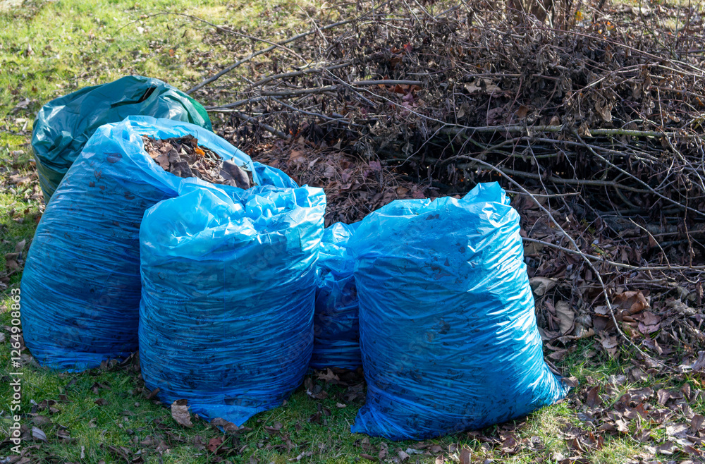 Blue garbage bags with garden waste in spring for recycling