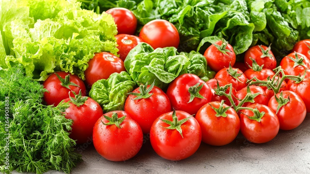 Fresh Vegetables Scene Featuring Lush Greens and Ripe Red Tomatoes Fresh Vegetables Scene Featuring Lush Greens and Ripe Red Tomatoes