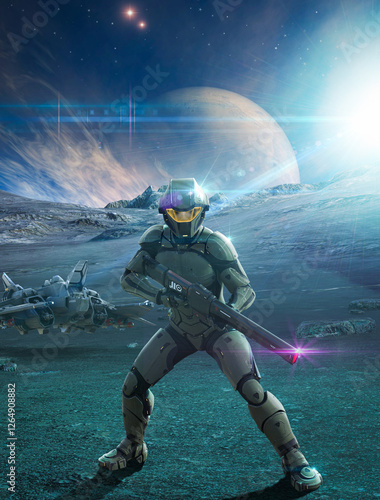 Futuristic soldier with a laser rifle standing on an alien planet ready for action