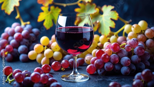 Wallpaper Mural Glass of red wine surrounded by assorted grapes, with green grape leaves, dark background, colorful and fresh arrangement, Copy Space Torontodigital.ca