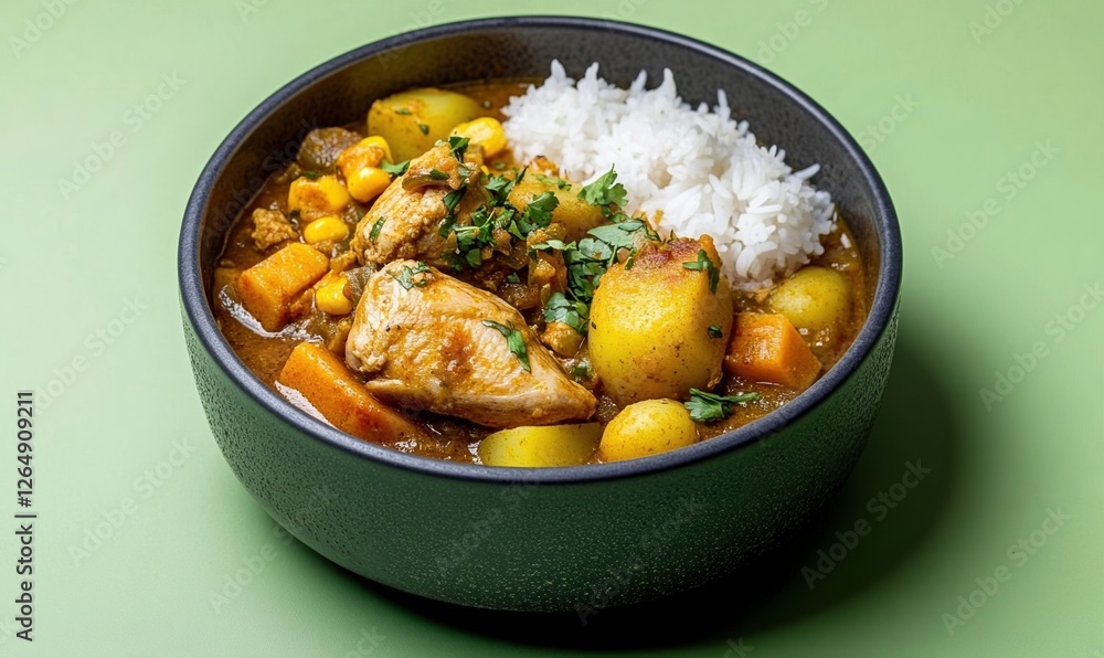 Hearty chicken stew with yuca, potatoes, corn, and plantains served with rice Hearty chicken stew with yuca, potatoes, corn, and plantains served with rice