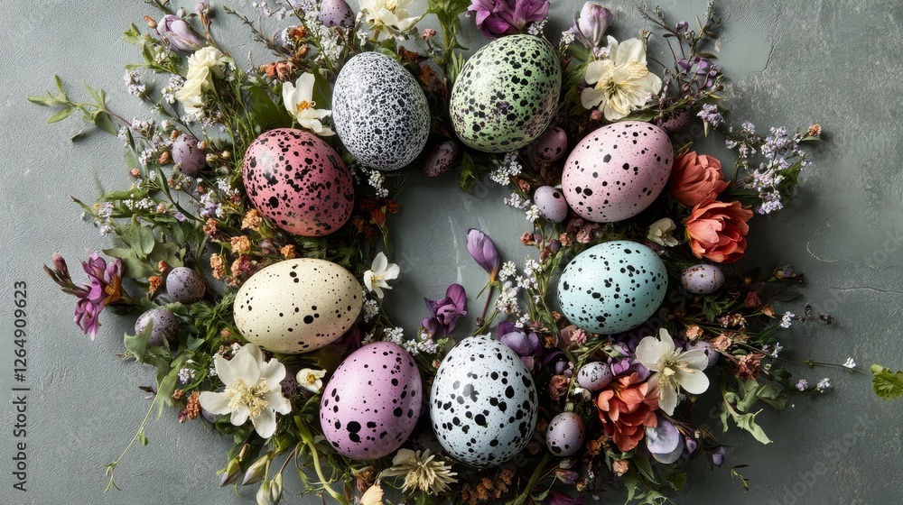 Obraz premium Easter Wreath with Colorful Eggs and Flowers