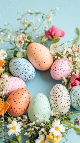 Colorful Easter Eggs Wreath with Spring Flowers. A Beautiful Springtime Celebration