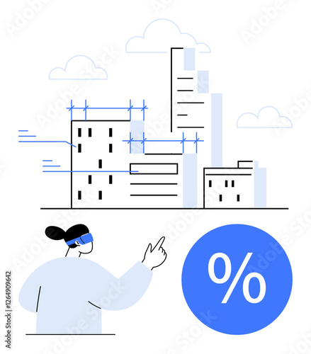 Person wearing VR headset pointing at a digital architectural blueprint of buildings with a percentage sign. Ideal for virtual reality, architecture, technology, construction, urban planning