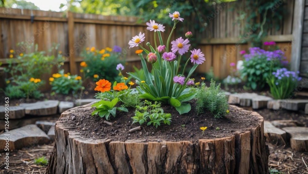Flower arrangement on a tree stump with colorful blooms surrounded by garden flowers and greenery in a rustic outdoor setting Copy Space Flower arrangement on a tree stump with colorful blooms surrounded by garden flowers and greenery in a rustic outdoor setting Copy Space