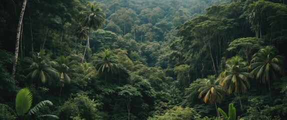 Leinwandbilder Khaki Lush tropical rainforest landscape with dense greenery and palm trees natural setting with tall trees and undergrowth Copy Space  © VirtualVista