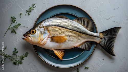 Fresh whole fish on a blue ceramic plate with herbs on a textured background Copy Space photo