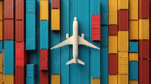 Airplane Over Colorful Cargo Containers in Blue Red Yellow photo