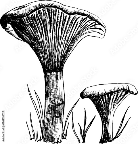 A black-and-white vector engraving illustration of chanterelle mushrooms, meticulously crafted with fine lines and shading to emphasize their texture. 
