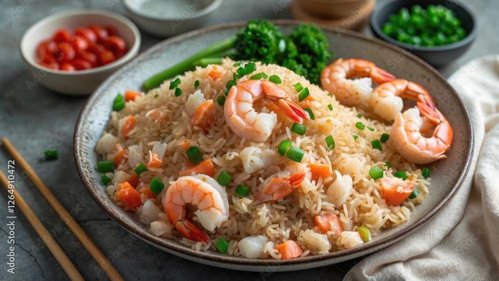 Shrimp fried rice with vegetables served in a bowl with chopsticks on a textured surface Copy Space Shrimp fried rice with vegetables served in a bowl with chopsticks on a textured surface Copy Space