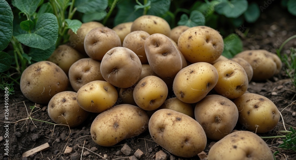 Freshly harvested potatoes clustered on soil surrounded by green potato plants Copy Space Freshly harvested potatoes clustered on soil surrounded by green potato plants Copy Space