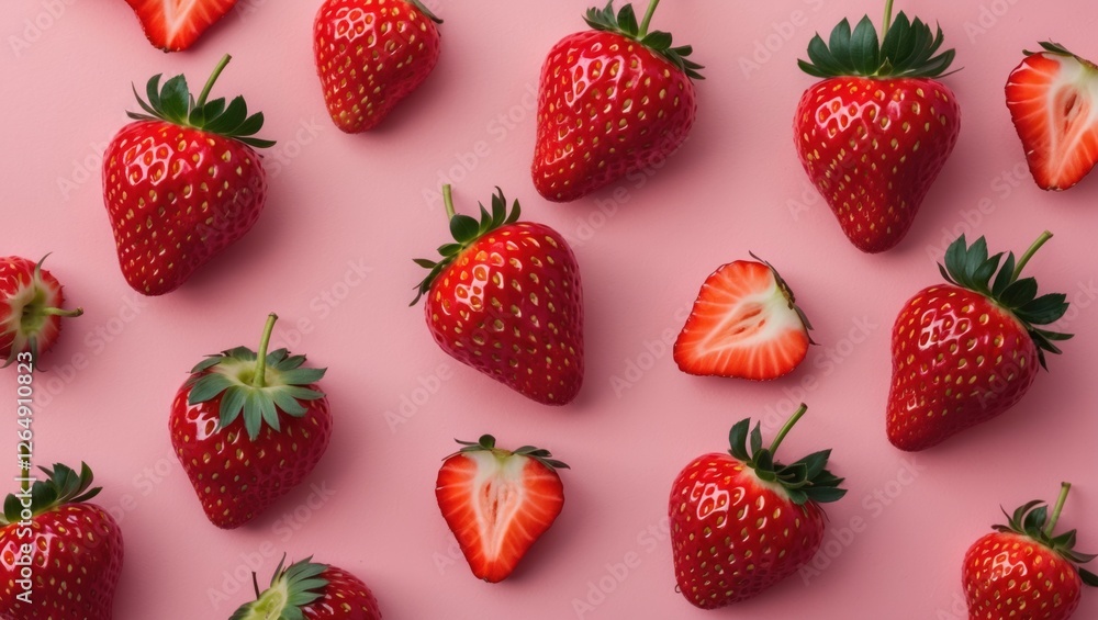 Fresh ripe strawberries arranged on a pink background with one halved strawberry showcasing vibrant red flesh and green leaves Copy Space Fresh ripe strawberries arranged on a pink background with one halved strawberry showcasing vibrant red flesh and green leaves Copy Space