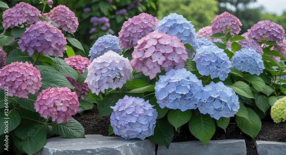 Colorful hydrangea flowers in various shades of pink and blue in a garden setting with green foliage. Copy Space. Colorful hydrangea flowers in various shades of pink and blue in a garden setting with green foliage. Copy Space.