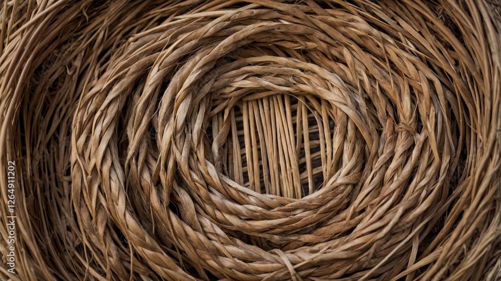 Natural woven straw or grass basket with concentric circular patterns displaying a rustic textured surface and earthy tones Copy Space Natural woven straw or grass basket with concentric circular patterns displaying a rustic textured surface and earthy tones Copy Space