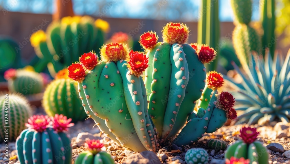 Cacti with vibrant red flowers in a desert garden setting under bright sunlight with various other succulent plants in the background Copy Space Cacti with vibrant red flowers in a desert garden setting under bright sunlight with various other succulent plants in the background Copy Space