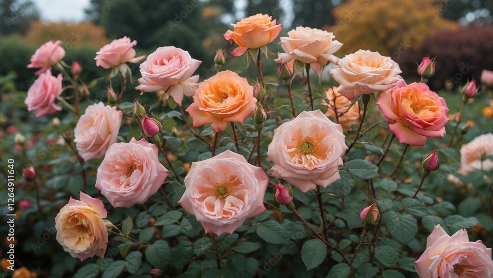 Pink and peach roses in full bloom on a bush with green leaves and blurred background showing soft autumn colors Copy Space Pink and peach roses in full bloom on a bush with green leaves and blurred background showing soft autumn colors Copy Space