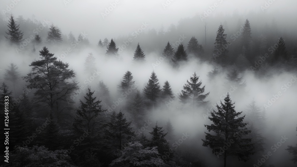 Misty forest landscape with dense trees and fog creating an atmospheric scene with copy space for text Misty forest landscape with dense trees and fog creating an atmospheric scene with copy space for text