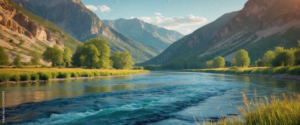 Fototapeta premium Scenic river flowing through a lush green valley surrounded by mountains under a clear sky with soft sunlight Copy Space