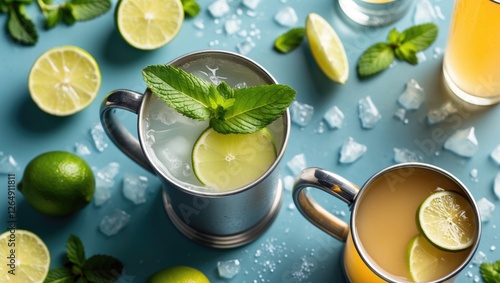 Refreshing citrus cocktails with lime and mint on a blue background with ice and garnishes Copy Space photo