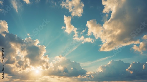 Fototapeta Naklejka Na Ścianę i Meble -  Sunset clouds with sun rays creating dramatic light in a blue sky natural background with copy space for text