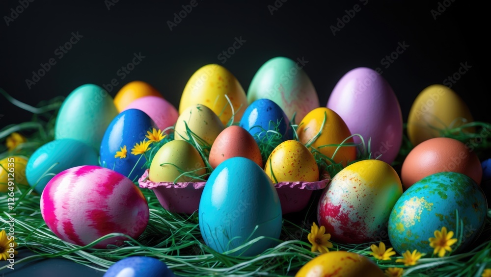 Colorful painted Easter eggs arranged on green grass with yellow flowers and a dark background, suitable for spring themes and promotions. Copy Space Colorful painted Easter eggs arranged on green grass with yellow flowers and a dark background, suitable for spring themes and promotions. Copy Space
