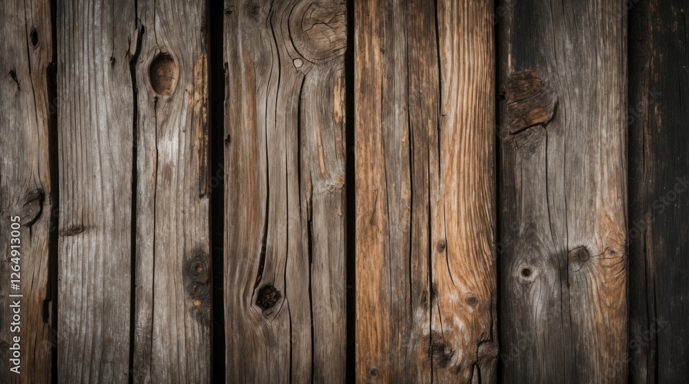 Naklejka premium Textured wooden planks background with varying shades of brown and gray, natural patterns and imperfections, Copy Space