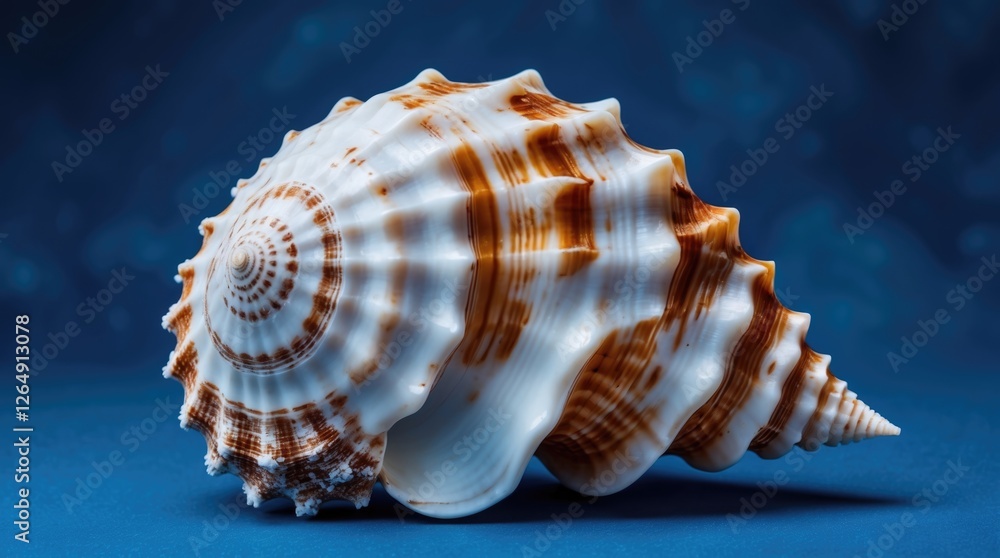 Brown striped sea shell on blue background with smooth texture and shadows, ideal for marine life themes, Copy Space Brown striped sea shell on blue background with smooth texture and shadows, ideal for marine life themes, Copy Space