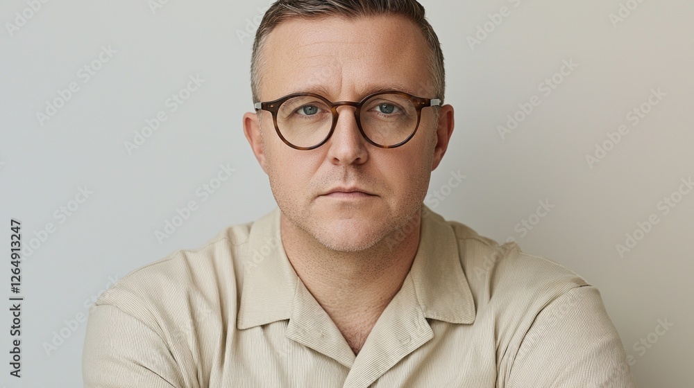 Confident man with glasses staring directly at the camera in a neutral tone setting, showcasing a serious expression. Confident man with glasses staring directly at the camera in a neutral tone setting, showcasing a serious expression.