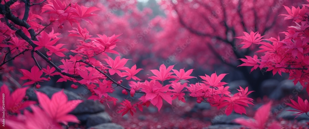 Vibrant pink leaves on branches in a tranquil garden setting with lush vegetation and rocks in the background Copy Space Vibrant pink leaves on branches in a tranquil garden setting with lush vegetation and rocks in the background Copy Space