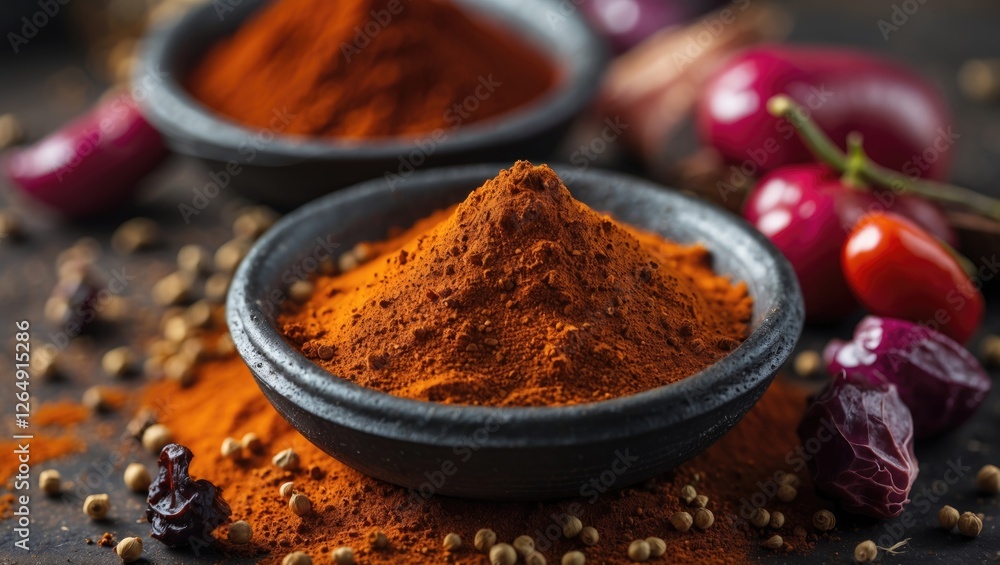 Bowl of red chili powder surrounded by spices and vegetables on a dark textured background with Copy Space Bowl of red chili powder surrounded by spices and vegetables on a dark textured background with Copy Space