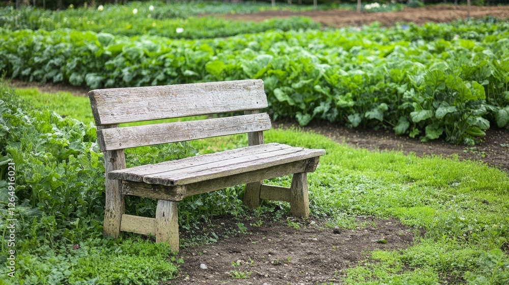 Rustic Wooden Garden Bench Amidst Lush Greenery Rustic Wooden Garden Bench Amidst Lush Greenery