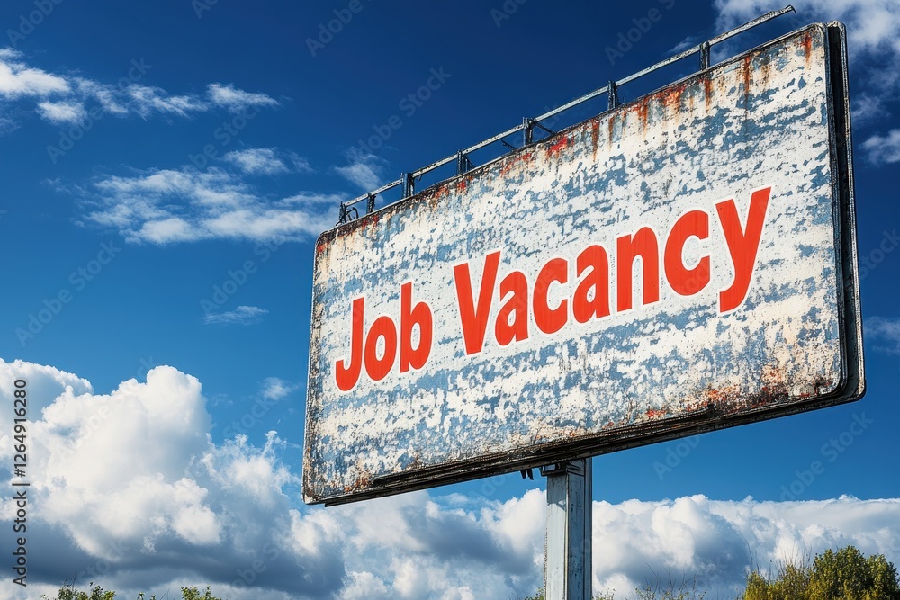 Obraz premium Vintage Job Vacancy Sign Under Bright Blue Sky with Clouds